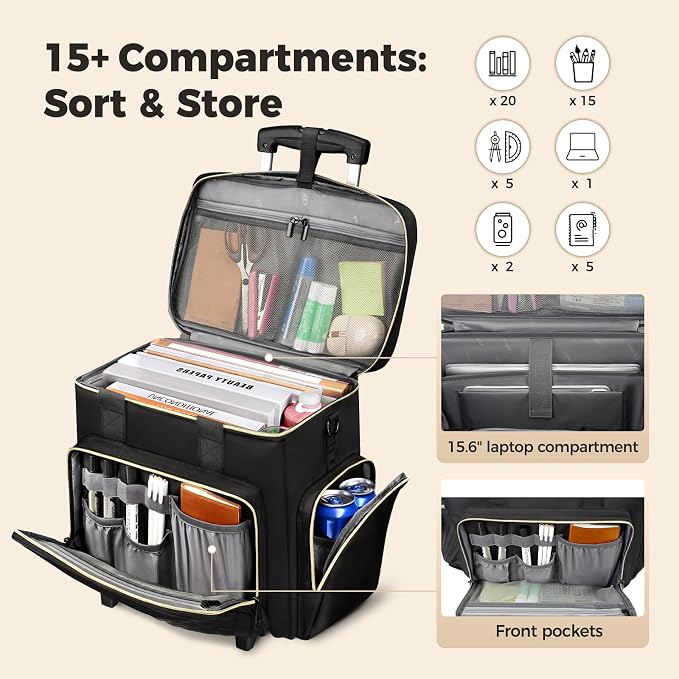 Ytonet Rolling Teacher Bag with Insulated Lunch Carrier, 15.6" Rolling Laptop Bag with Detachable Dolly, Underseat Travel Bag Roller Briefcase for Women Roller Tote Bags for Teacher Work Office Craft