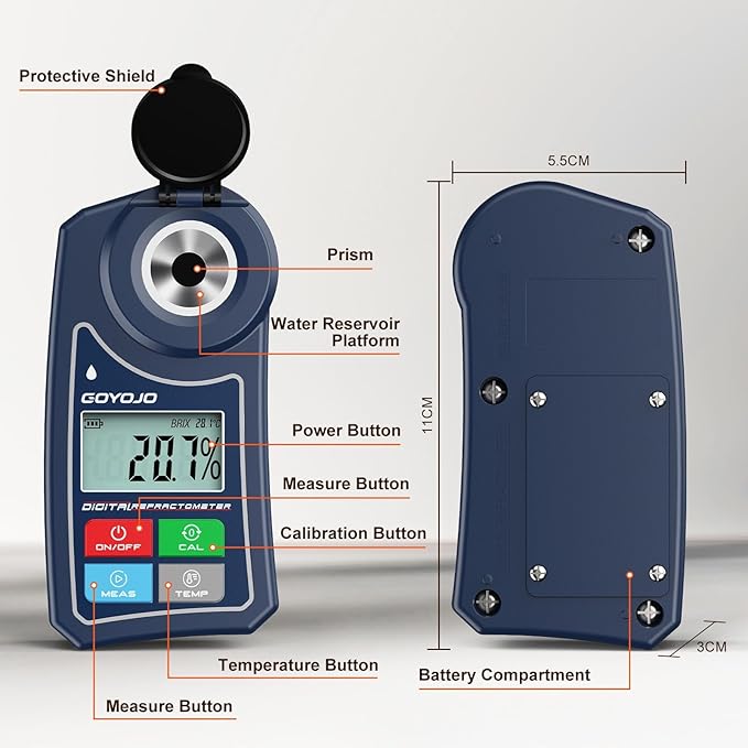 Digital Brix Refractometer GOYOJO Brix Meter Lab Refractometer ±0.5 Brix/1℃ Accuracy, 0-55% Range with ATC for Fruits Juices, Beer, Wine, Coffee &Mor Liquid Sugar Content Test
