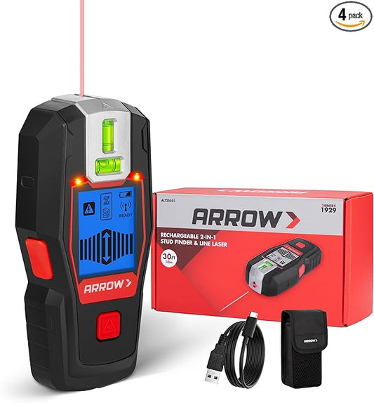 ARROW 2-in-1 Stud Finder with Laser Level, Rechargeable Wall Stud Scanner & Vertical Line Laser for Hanging Frames & Picture, Wood Ac Wire Metal Studs Joist Pipe Detection