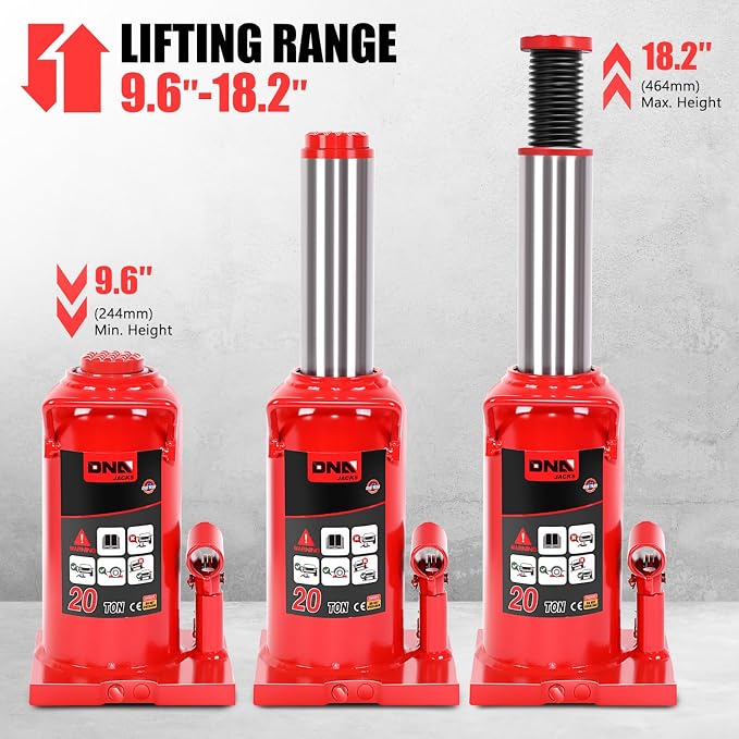 DNA Motoring 20 tons / 44092 lbs Lifting Automotive Welded Hydraulic Bottle Jack for Repair Vehicle, Pickup, Truck, w/Manual Handle, Red,TOOLS-00362