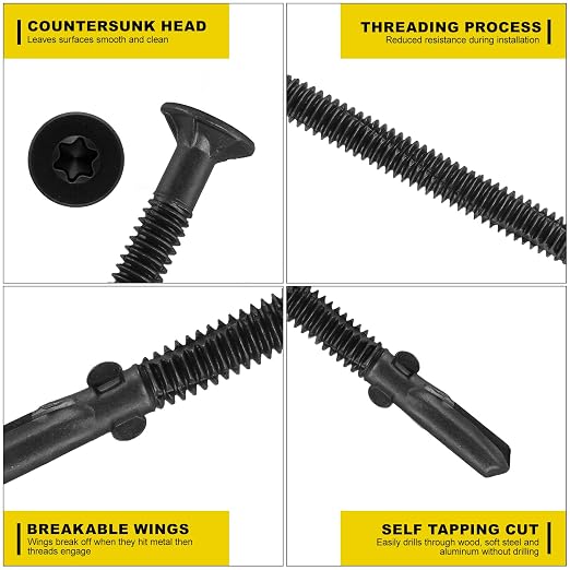 FMhotu #10 x 3 Trailer Deck Screws, Self-Tapping Sheet Wood Metal Screw, 124Pcs T25 Star Bits Reamer Tek Screws for Trailers, for Attaching Wood to Steel(Black)