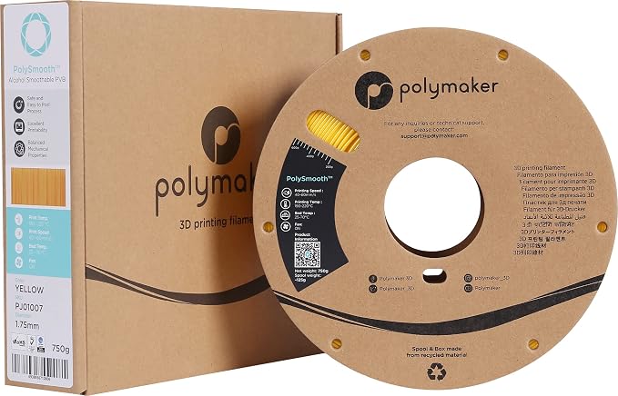 Polymaker PolySmooth PVB Filament 1.75mm 0.75kg Yellow - Print Like PLA Filament, Easy Smoothable Post Process with IPA Alcohol