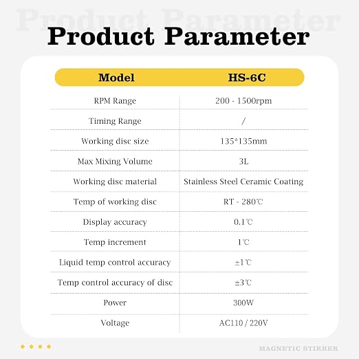 LAB FISH HS6C Magnetic Stirrer Hot Plate, 280℃ 200-1500RPM | 5.2 inch square ceramic hot plate, 3L, digital control, external temp probe, stand & stir bar for lab