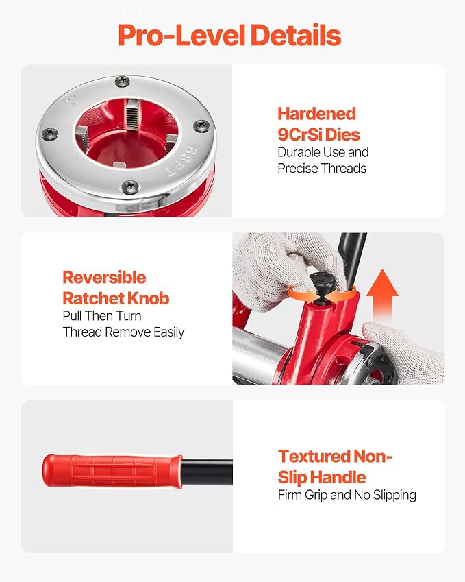 VEVOR Ratchet Pipe Threader Kit with 7 Dies, 3/8" BSPT to 2" BSPT Manual Ratcheting Pipe Threading Tool, Portable Pipes Threader Set with Toolbox for Plumbing Installation & Repair