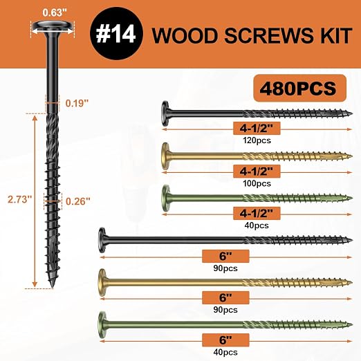 #14 Heavy-Duty Wood Screws Assortment Kit, 480Pcs Star Drive Decking Wood Screws, Rust Resistant Timber Screws for Log/Landscaping Wood (2-7/8",6") Black, Tan, Green
