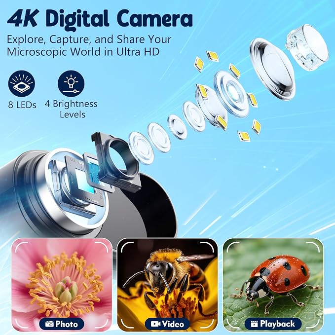 Odatay 4K 1000X Digital Microscope for Kids with Long Distance Viewing & 2.4" Screen, Portable Handheld Edu Toys for Kids Age 3-12 Exploring Bugs Plants at Home Classroom & Outdoor Travel, Orange