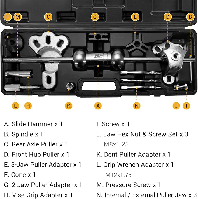 EWK 9-Way Slide Hammer Puller Set, 5 lb Slide Hammer Wheel Hub Puller CV Axle & Rear Axle Bearing Remover, Front Wheel Hub Dent Puller Kit for Bearings Bushings Seals Gears