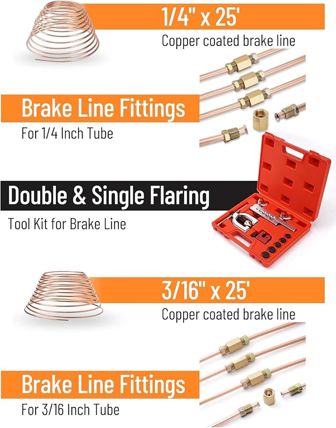 25 ft 1/4" + 3/16" Copper Coated Brake Line Kit (Includes 32 Fittings and 8 Unions) + Tube Bender + Brake Line Double & Single Flaring Tool Kit
