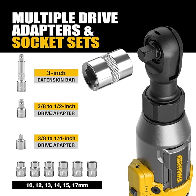 Cordless Ratchet Wrench, 3/8" 16V Brushless 65 ft-lbs, 2 Batteries | Drop-resistant alloy body,6 sockets (10-17mm), 1/4" & 1/2" adapters, 3" extension bar, fast charger, built-in LED, 0-400 RPM