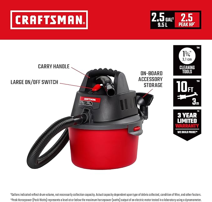 CRAFTSMAN CMXEVBE17250 2.5 Gallon 2.5 Peak HP Wet Dry Shop Vacuum