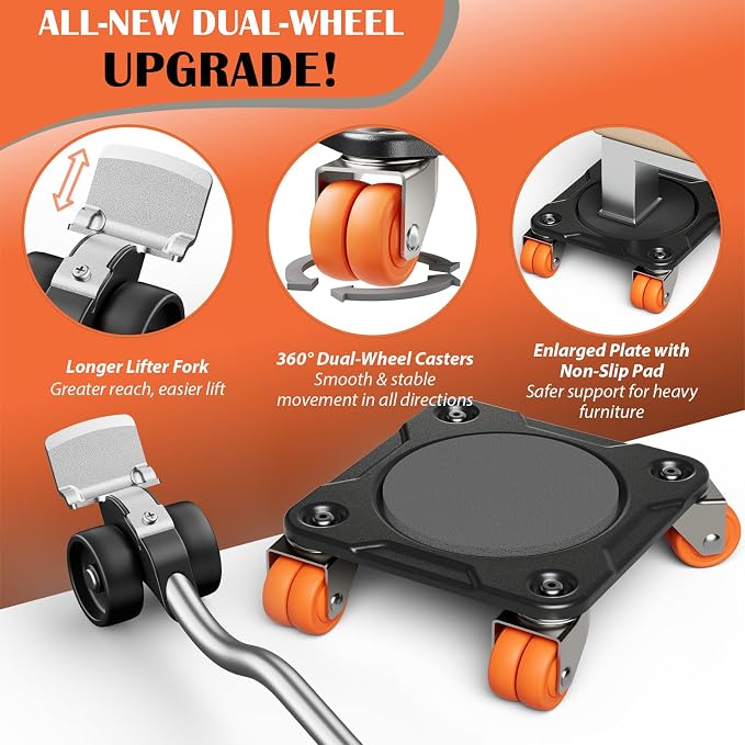 Heavy Duty Furniture Movers with 10 Wheels, Dual-Wheel Caster Square Dollies with Furniture Lifter and Base, 360° Swivel Casters, Non-Slip Pads, Up to 4000 lbs Load Capacity