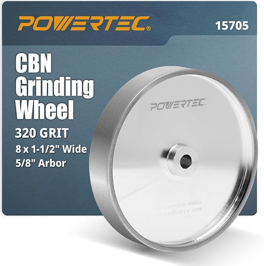 POWERTEC CBN Grinding Wheel 8 Inch 320 Grit, 1-1/2" Wide, 5/8" Arbor – Bench Grinder Sharpening Wheel for HSS Tools, Lathe Chisels, and Woodturning Tools (15705)