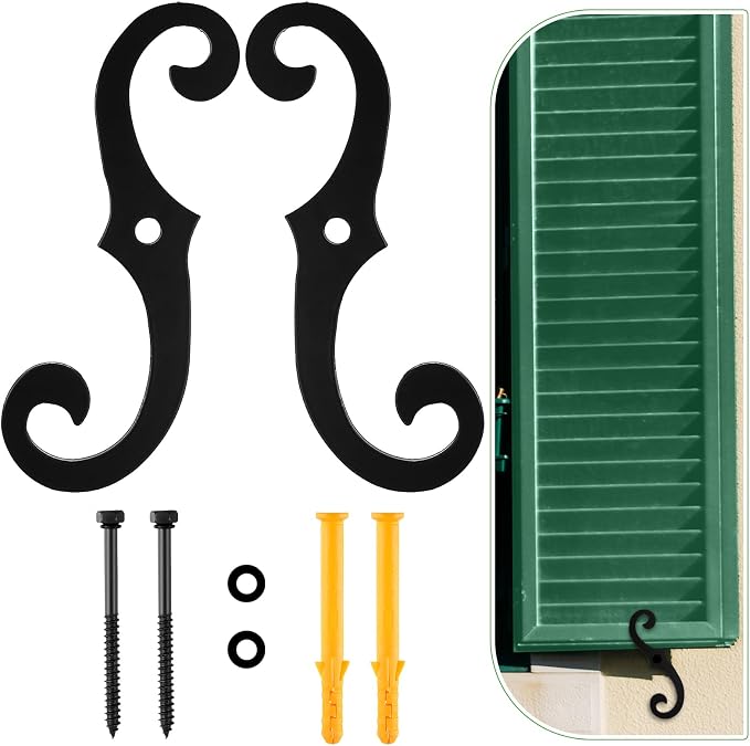 MorningRo 2 Pack Black S Style Shutter Dogs 6.5 Inches Shutter Dog Holders with Mounting Hardware External Shutters Tieback for Exterior Decorative (Aluminum)