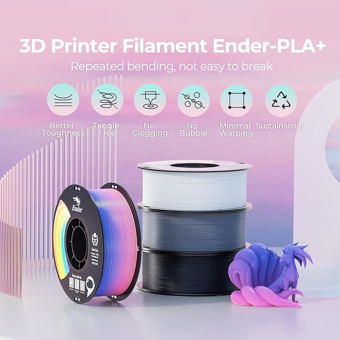 Creality PLA+ Filament 1.75mm Rainbow 2KG, 3D Printer Filament 2 Pack 1kg Cardboard Spool, Strong Toughness, No-Tangling, Accuracy +/-0.02mm, Multi-Color 3D Printing Filament for Most FDM Printers