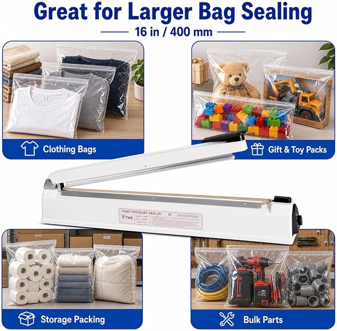 Impulse Heat Sealer with Seal bar, Heavy-Duty Bag Sealing & Cutting Machine, 2 Extra Replacements (white, 16inch)