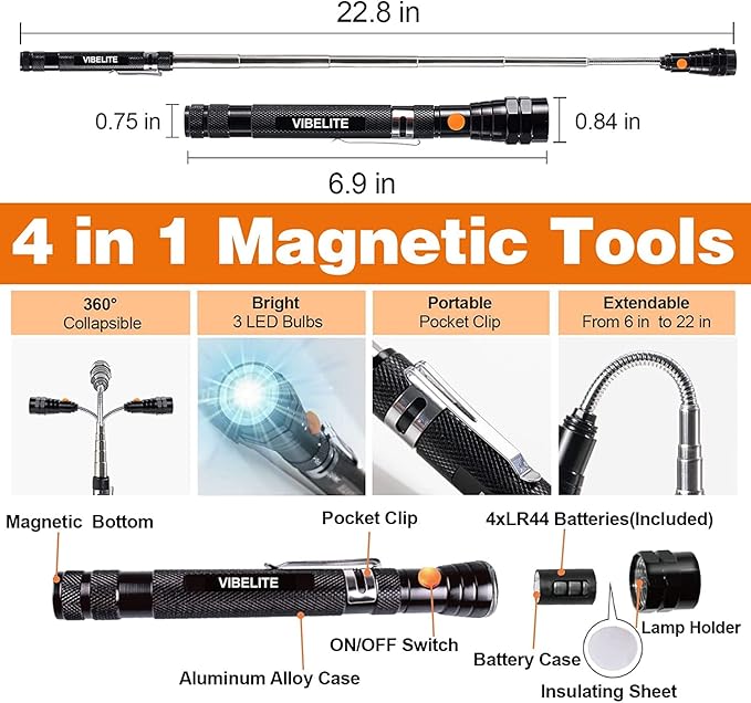Magnetic Pickup Tool and 6 in 1 Multitool Pen with Touch Screen Stylus, Rulers, Bubble Level, Flathead, Phillips Screwdriver, Ballpoint Pen, Fathers Day Dad Gifts, BIrthday Gifts for Men, Dad, 2Pack
