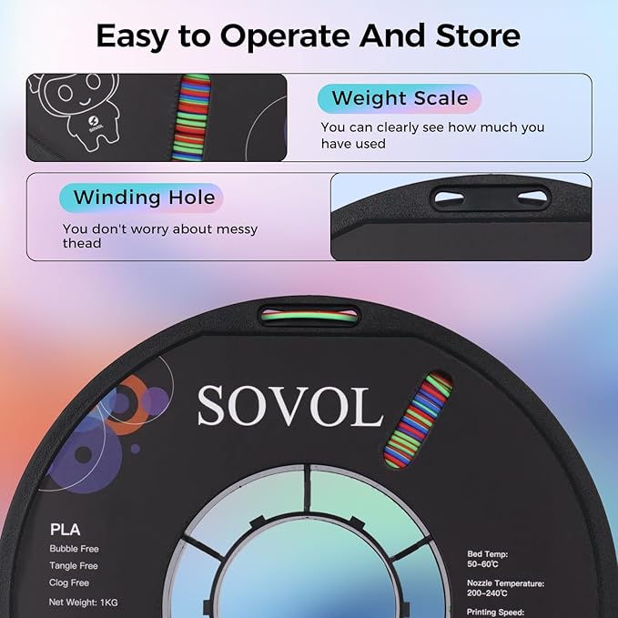 Sovol Matte PLA Filament Rotated Tri Color Co-Extrusion 1.75mm, Fast Change 3D Printer Filament 1kg/ 2.2lbs, Matte Red Green Blue 3 in 1 Coextrusion PLA Material +/-0.03mm