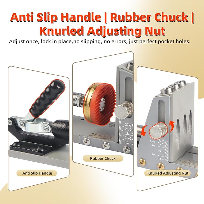 Pocket Hole Jig Kit, New Version One-Side Operation, Precision 15° Drilling, Pocket Screw Jig with 3/8" Step Drill Bit, Depth Stop Collar, Adjustable Thickness, Perfect for Woodworking Joinery