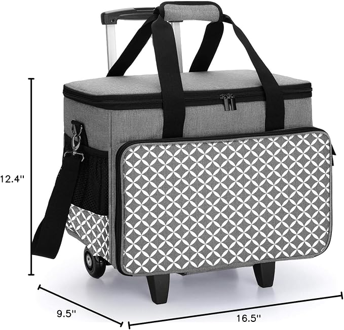 Yarwo Upgraded Rolling Sewing Machine Carrying Case, Detachable Trolley Tote Bag with Removable Bottom Board and Thickened Trailer Leg for Most Standard Sewing Machine and Accessories, Gray with Grid