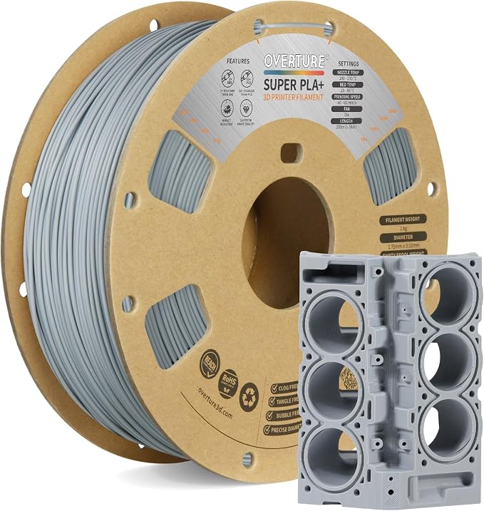 OVERTURE Super PLA+ Filament 1.75mm, Toughness Enhanced PLA Plus, Professional Toughness 3D Printer Filament 1kg (2.2lbs), High Precision +/- 0.02mm Light Grey