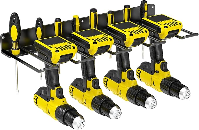 Drill Holder Wall Mount,Power Tool Organizer, 4 Cordless Drill Racks with Screwdriver Hole, Heavy Duty Garage Tool Storage Rack for Workshop Tool Room Basement