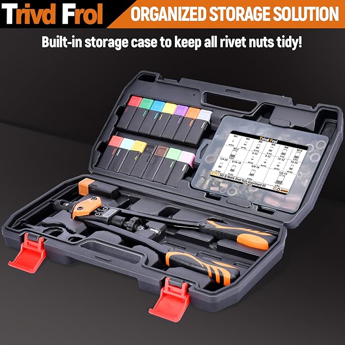 Trivd Frol 16" Rivet Nut Tool, Nutsert Rivet Nut Tool Kit with 15 Metric and SAE Mandrels, 281Pcs Rivet Nut Assortment Kit and Rugged Carrying Case