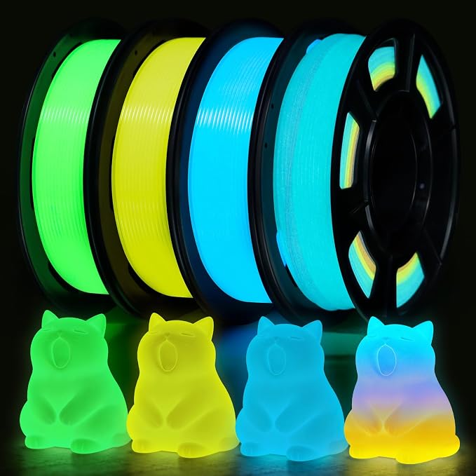 RepRapper 4 x 250g Glow Colors Pack, Glow in the Dark PLA Filament 1.75mm (+- 0.03mm) for 3D Printer, 4x250g Spools - Green, Blue, Yellow, Rainbow