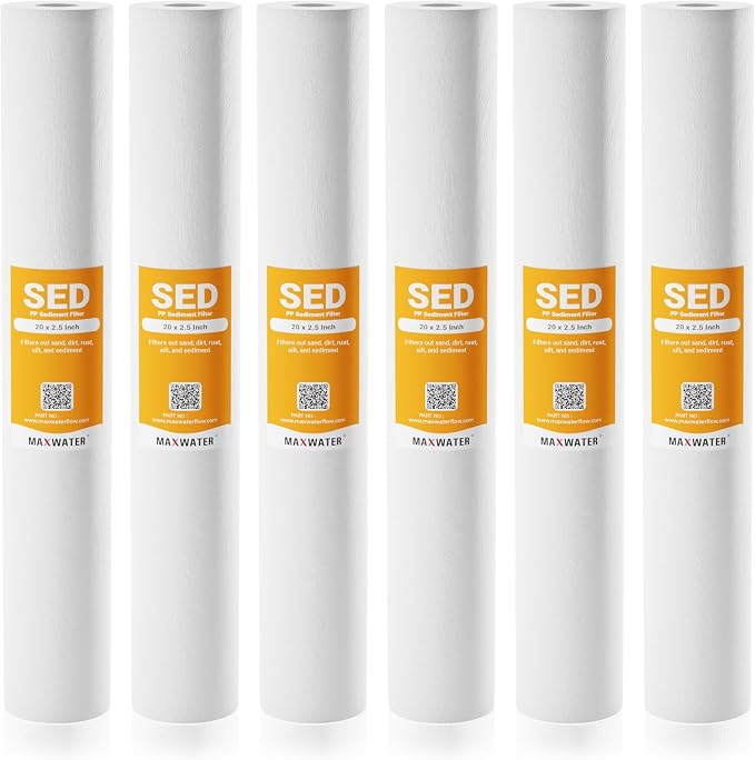 Max Water 5 Micron 20 x 2.5 Sediment Water Filter Cartridge Replacement Polypropylene Cartridge for Whole House Water Filtration/Water Softener Systems - 6 Pack