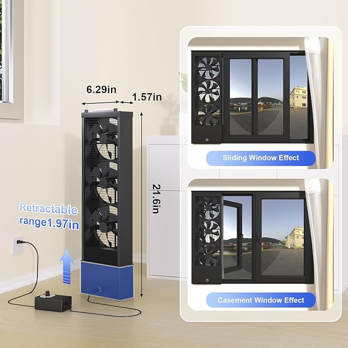 Vertical Window Fan for Sliding Windows (Black, 50~55cm/19.7~21.7in) | No Drilling Required Installation, Adjustable Wind Speed, 1.97 IN Retractable, for Bedroom Bathroom Kitchen Office