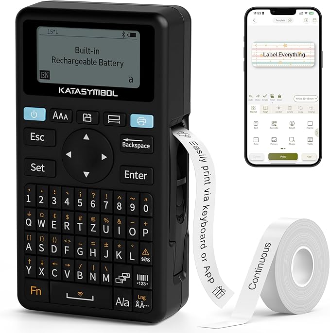 SUPVAN E11 Bluetooth Label Maker Machine, Support Keyboard & App with 30+ Fonts and 660+ Icons, Rechargeable Inkless Labeler for Home, Kitchen, Office, School, Organization, Black