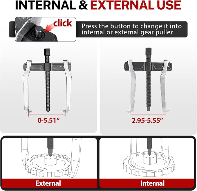 BILITOOLS 6" 2 Jaw Gear Puller, Small Bearing & Pulley Removal Tool, Internal External Reversible for Flywheel, Gears & Pulleys