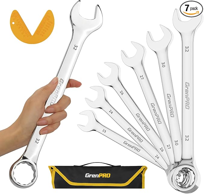 GRENPRO Metric Wrench Set, Large Wrench Set Metric and Standard, 7PC 23mm, 24mm, 26mm, 27mm, 30mm, 32mm Long Big Open End Wrench Tool Set Roll Up Pouch Organizer with Gauge, Combination Wrenches Sets