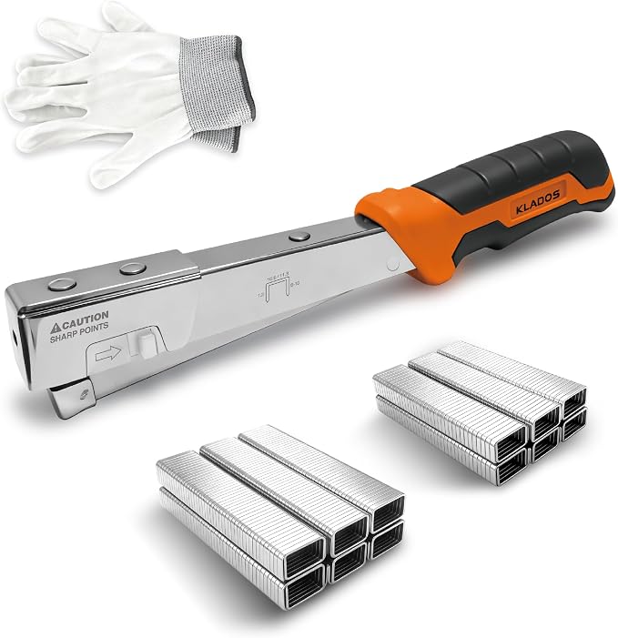 Hammer Tacker Kit, Manual Hammer with 1200 Staples & Gloves | T50 compatible, all steel construction with chrome for upholstery, woodworking, furniture repair and DIY, 1/4" & 5/16"