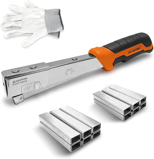 Hammer Tacker Kit, Manual Hammer with 1200 Staples & Gloves | T50 compatible, all steel construction with chrome for upholstery, woodworking, furniture repair and DIY, 1/4" & 5/16"