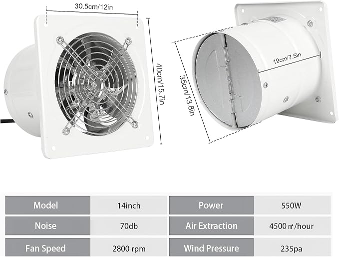 14 Inch Exhaust Fan with Plug, 2647CFM Through-the-Wall Ventilation Fan with Light Weight Pure Copper Motor, for Laundry Room, Toilets, Garage, and Shopping Mall, 110V (14 inch, white)