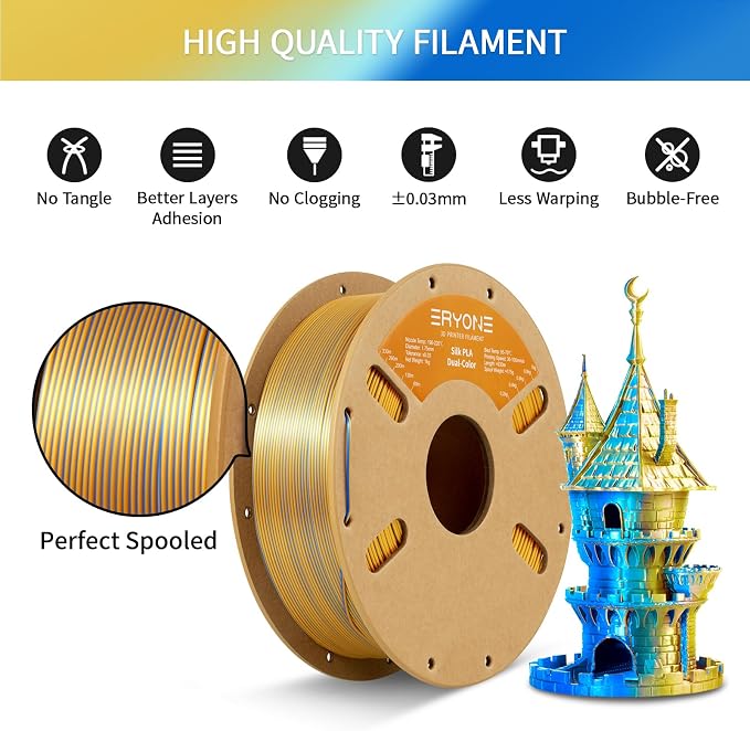 ERYONE Silk Dual Color PLA Filament 3D Printer 1.75mm +/- 0.03mm, Bicolor Filament Two Tone PLA 1KG(2.2lbs) Cardboard Spool, Gold Blue