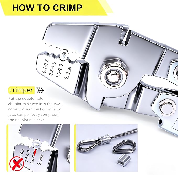 Twidec/Wire Rope Crimping Tool Up To 2.2mm Swaging Tool With 160PCS 1/16''Aluminum Crimping Loop Sleeve And 66FT 1/16'' 304 stainless steel Wire Rope 12PCS Wire Rope Thimbles Kit