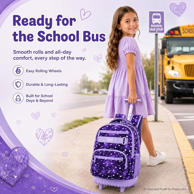 3Pcs Rolling Backpack for Girls Teens, 19" Wheeled Backpack with Lunch Box, Polka Dots Travel Roller Backpack for Women College Students (Purple)