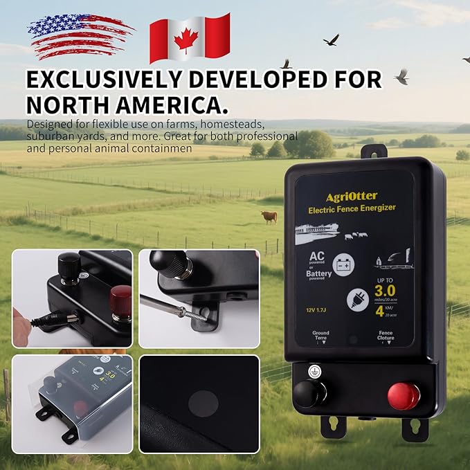 Electric Fence Charger,2 in 1 Electric Fence Energizer,Plug-in & 12V Battery, Waterproof & Safe Wide Coverage Energizer for Farms, Suburban Homes, Gardens, Livestock, Pets & More,2025 New Tech