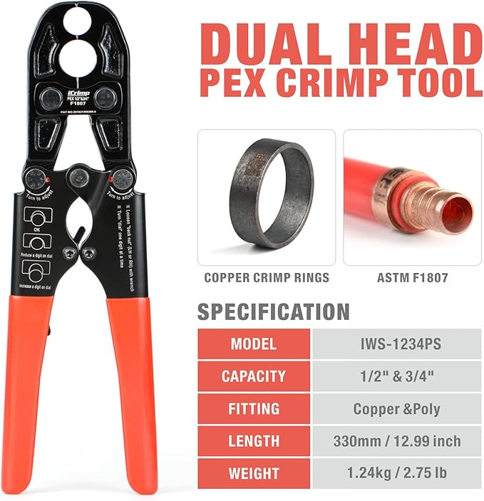 IWISS/iCrimp PEX Pipe Copper Ring Crimping Tool Kit for 1/2 in, 3/4 in Crimp Rings, Meets F1807 Standard (13" Combo PEX Crimper)