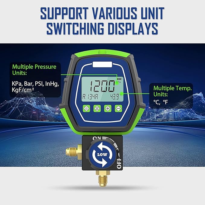 HVAC Digital Manifold Gauge Set, R134a Refrigerant Recharge Kit AC Manifold Gauge Set with 3 Hoses (Tolerance Range: -/+0.5%)