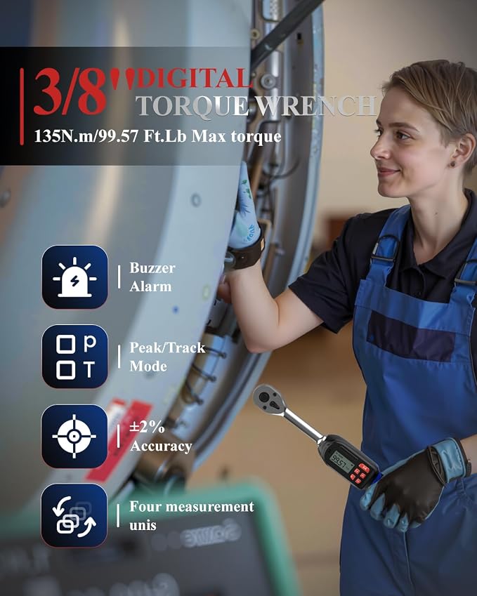 Digital Torque Wrench 3/8 Drive (5.02-99.57 Ft. Lb/ 6.8-135 N.m) ±2% Accuracy with Buzzer and LED Flash Notification 3/8 Digital Torque Wrench Four Units of Measure for Moto, Auto, Car