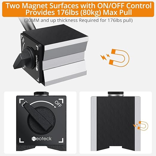 Neoteck 0-0.03"/0.0005" Test Indicator with 176lbs Pull Magnetic Base Stand | 80kg Max Pull，3/8 inch (9.52mm) Clamping Hole，Black，Widely Used in Narrow Area Measurement，Ideal for CNC Operators