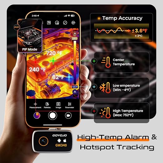 GW340 Thermal Camera for iPhone/Android/Tablet, 512x384 Super IR Resolution, Thermal Imager iOS 17/16/15 Series & iPads USB-C Port, 256x192 IR Resolution Home Inspection, HVAC, Automotive -4°F~752°F