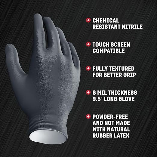 Venom Steel Industrial Nitrile Gloves, Chemical Resistant Disposable Black Gloves, Latex-Free, Powder-Free, Textured Grip, Heavy Duty Two-Layer Protection, 6 mil, Large, (Pack of 1000)