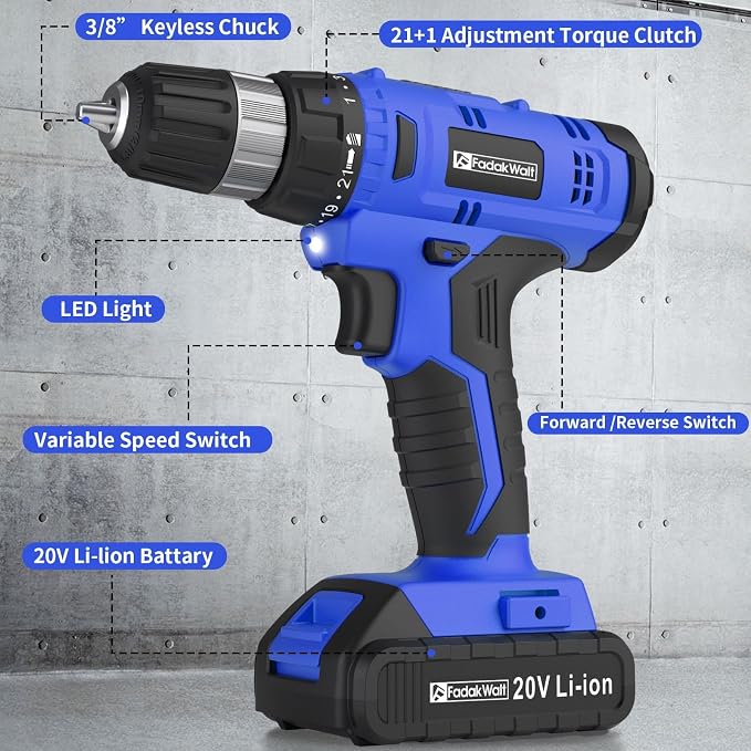 FADAKWALT Cordless Drill Set, 20V Electric Power Drill with Battery And Charger, Torque 30N, 21+1 Torque Setting, 3/8-Inch Keyless Chuck, LED Work Light, Complete Drill & Driver Bits Kit（blue)