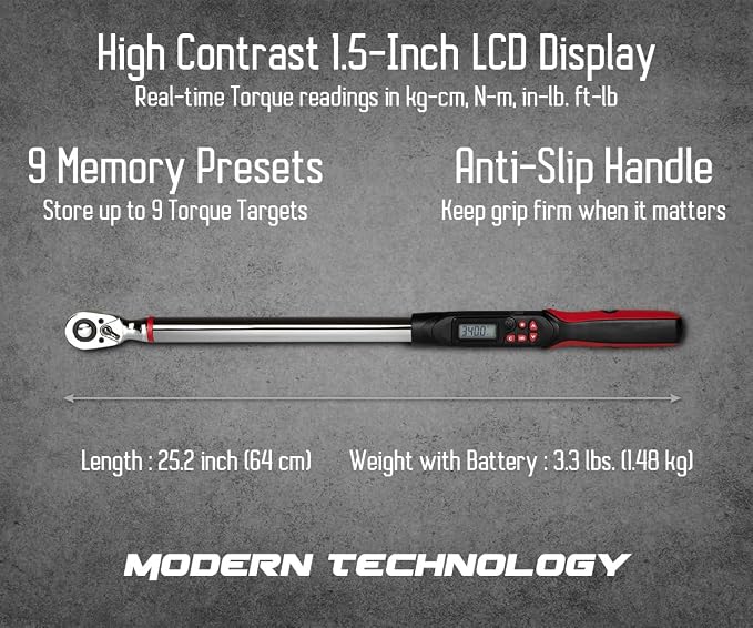 Tapha Tools 1/2 inch Digital Torque Wrench 12.5-250.7 ft-lbs (17-340 N-m) Torque Range ±2% Accuracy, LED and Buzzer Notification, Preset Memory, ISO 6789 Tested and Calibrated