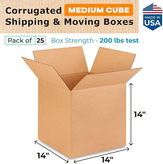 Medium Cube Moving & Shipping Boxes 14"L x 14"W x 14"H (25-Pack) - Extra Strength 200 lb vs Regular - USA-Made Corrugated Packaging Boxes - Heavy Duty Cardboard Packing & Shipping Box by IDL Packaging