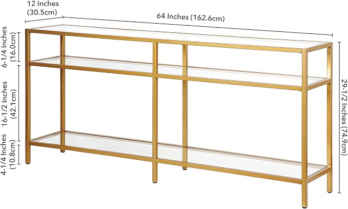 Henn&Hart 64" Wide Rectangular Console Table in Brass, Entryway Table, Accent Table for Living Room, Hallway | Glass shelves with extra long design provide open display and storage for living rooms, entryways, hallways, and offices