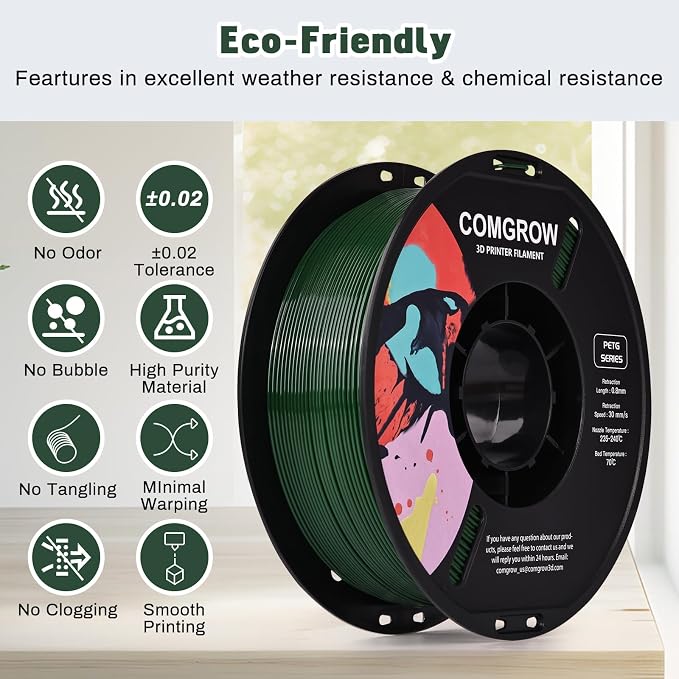 Comgrow PETG 3D Printer Filament 1.75mm, High Precision and Tough 3D Printer Filament (2LBS), Dimensional Accuracy +/- 0.02 mm, Fit Most 3D Printers Military Green